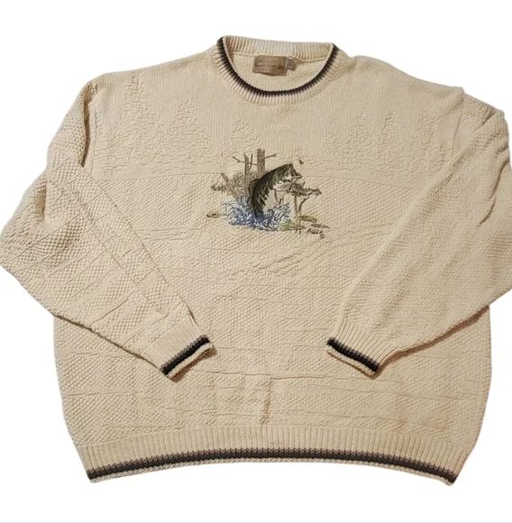 VTG Sweater Mens 4XLT Cream 3D Embroidered Bass Retro Made in USA 4 XL Tall - Picture 1 of 6
